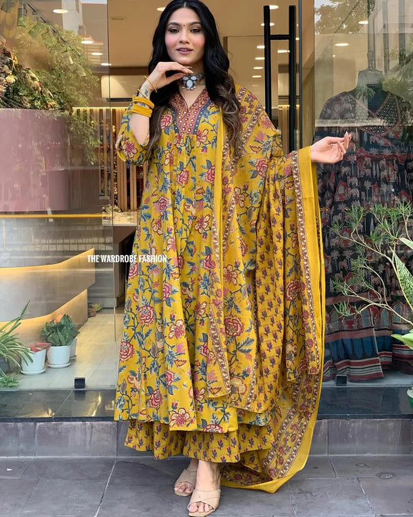 Women's Printed Cotton Anarkali Kurta & Pant With Dupatta Set Yellow