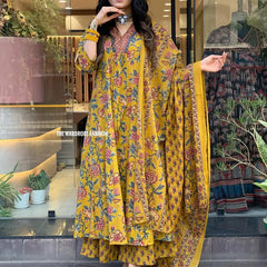 Women's Printed Cotton Anarkali Kurta & Pant With Dupatta Set Yellow