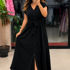 Button-Down Maxi Dress with Waist Tie