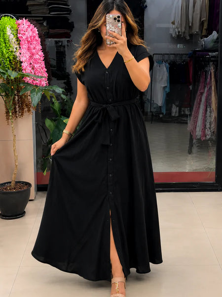 Button-Down Maxi Dress with Waist Tie