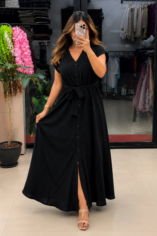 Button-Down Maxi Dress with Waist Tie