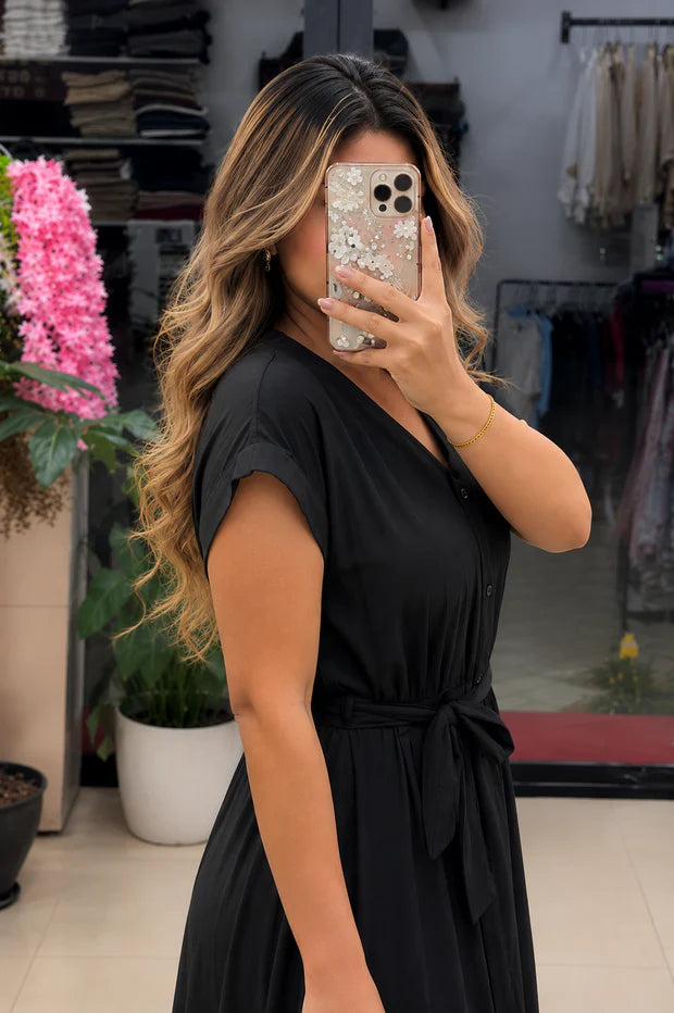 Button-Down Maxi Dress with Waist Tie