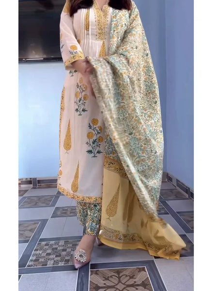 Ivory & Yellow Floral Printed Kurta Set with Matching Dupatta