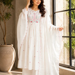 Elegant White Cotton Anarkali Suit Set with Floral Embroidery Dupatta