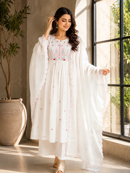 Elegant White Cotton Anarkali Suit Set with Floral Embroidery Dupatta