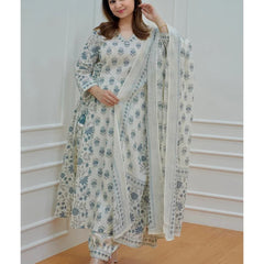 Blue White Cotton Afghani Kurti With Pant & Dupatta Set