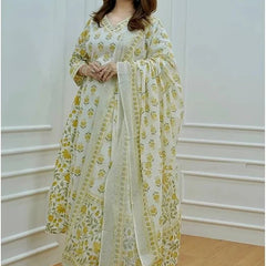 Yellow Cotton Afghani Kurti With Pant & Dupatta Set