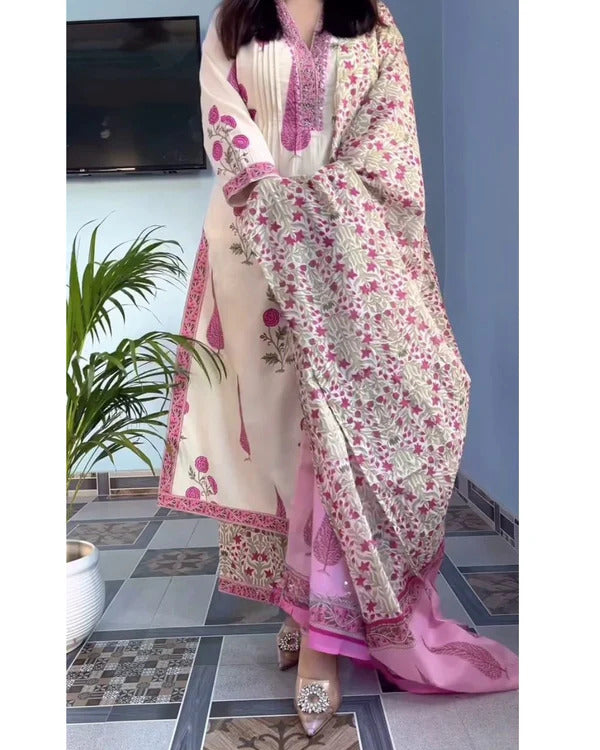 Pink Floral Printed Kurta Set with Matching Dupatta
