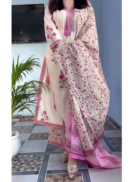 Pink Floral Printed Kurta Set with Matching Dupatta