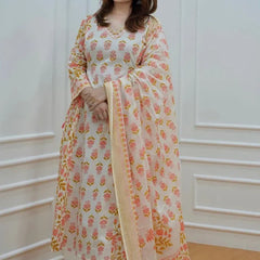 Orange Cotton Afghani Kurti With Pant & Dupatta Set
