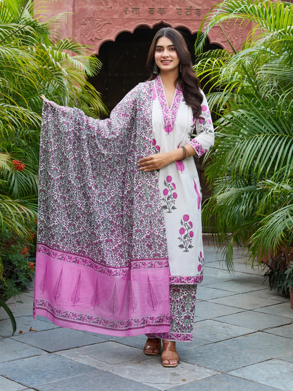 Ivory & Pink Floral Printed Kurta Set with Matching Dupatta