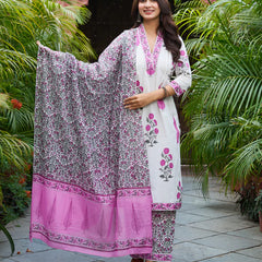 Ivory & Pink Floral Printed Kurta Set with Matching Dupatta