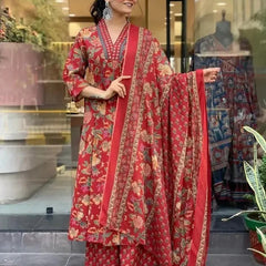 Women's Printed Cotton Anarkali Kurta & Pant With Dupatta Set Red