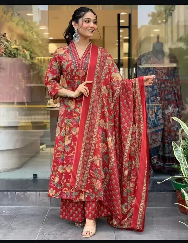 Women's Printed Cotton Anarkali Kurta & Pant With Dupatta Set Red