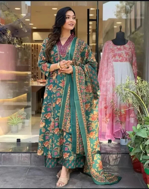 Women's Printed Cotton Anarkali Kurta & Pant With Dupatta Set Green