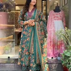 Women's Printed Cotton Anarkali Kurta & Pant With Dupatta Set Green