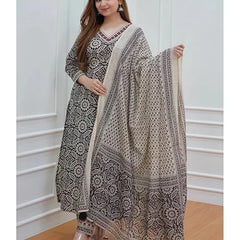 Black & Off White Floral Afghani Kurti With Pant & Dupatta Set