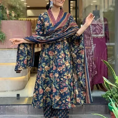 Women's Printed Cotton Anarkali Kurta & Pant With Dupatta Set Blue
