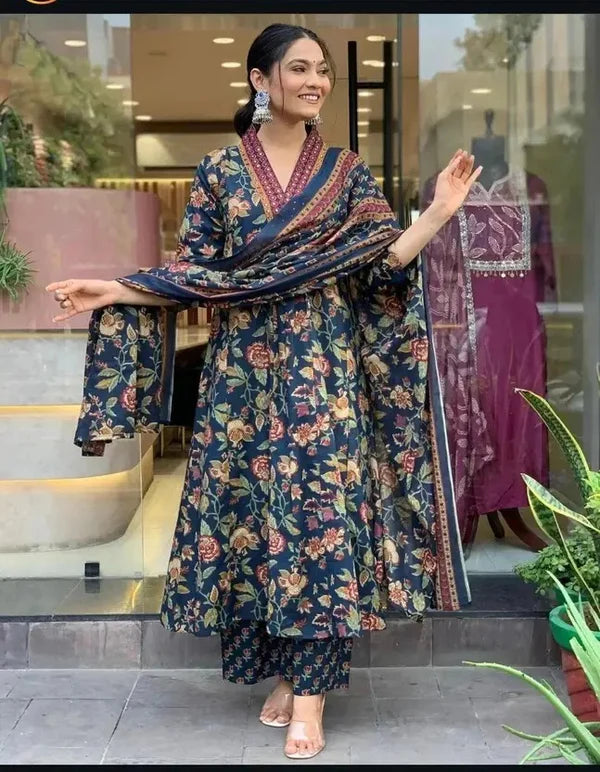Women's Printed Cotton Anarkali Kurta & Pant With Dupatta Set Blue