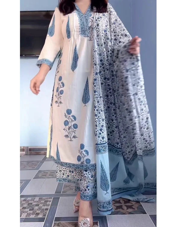 Blue Floral Printed Kurta Set with Matching Dupatta