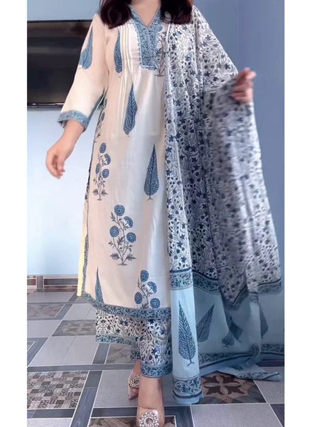 Blue Floral Printed Kurta Set with Matching Dupatta