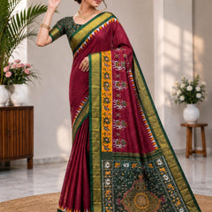 Maroon Style Silk Saree with Green & Gold Border