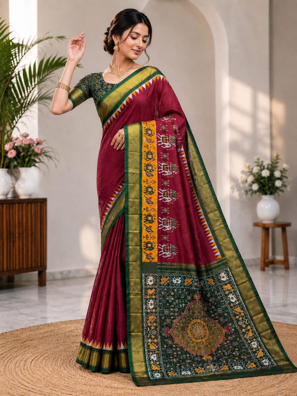 Maroon Style Silk Saree with Green & Gold Border