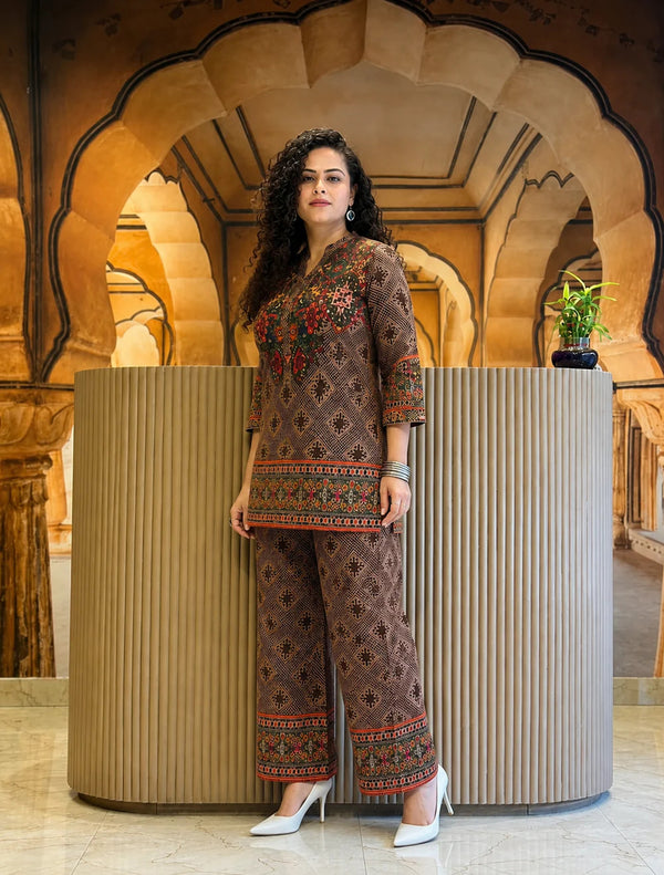 Brown Ethnic Printed Co-Ord Set