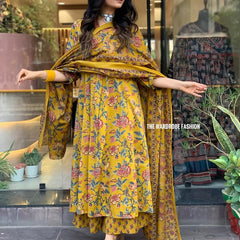 Women's Printed Cotton Anarkali Kurta & Pant With Dupatta Set Yellow