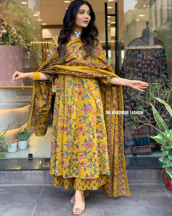Women's Printed Cotton Anarkali Kurta & Pant With Dupatta Set Yellow