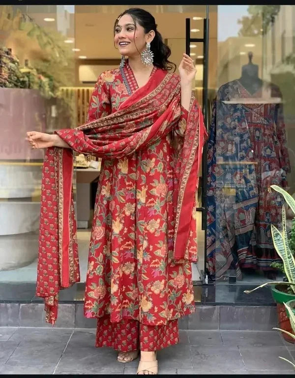 Women's Printed Cotton Anarkali Kurta & Pant With Dupatta Set Red
