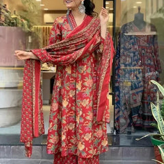 Women's Printed Cotton Anarkali Kurta & Pant With Dupatta Set Red