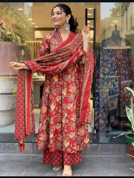 Women's Printed Cotton Anarkali Kurta & Pant With Dupatta Set Red