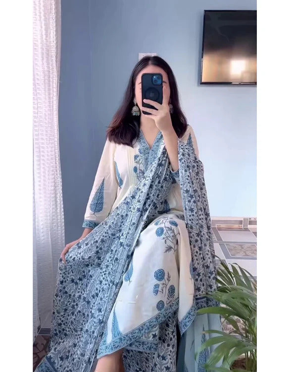Blue Floral Printed Kurta Set with Matching Dupatta