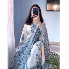 Blue Floral Printed Kurta Set with Matching Dupatta