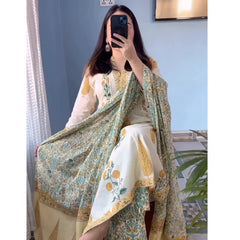 Ivory & Yellow Floral Printed Kurta Set with Matching Dupatta