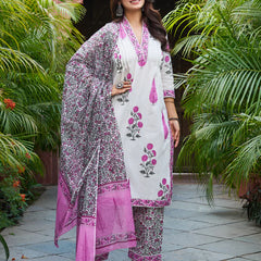 Ivory & Pink Floral Printed Kurta Set with Matching Dupatta