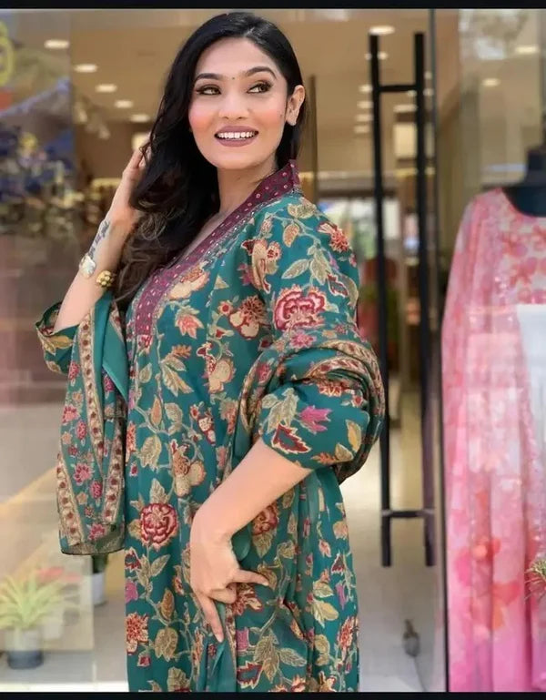 Women's Printed Cotton Anarkali Kurta & Pant With Dupatta Set Green