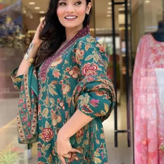 Women's Printed Cotton Anarkali Kurta & Pant With Dupatta Set Green