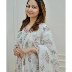 White Floral Cotton Kurti With Palazzo & Dupatta Set