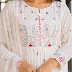 Elegant White Cotton Anarkali Suit Set with Floral Embroidery Dupatta