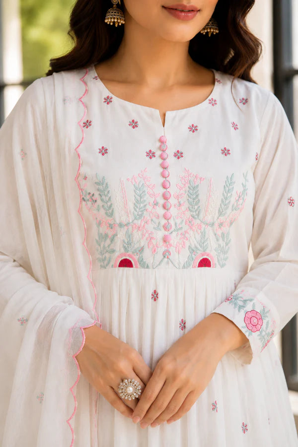 Elegant White Cotton Anarkali Suit Set with Floral Embroidery Dupatta