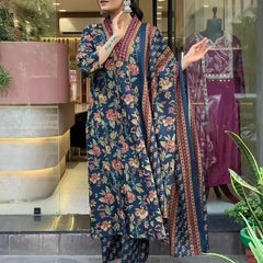 Women's Printed Cotton Anarkali Kurta & Pant With Dupatta Set Blue