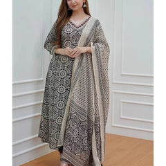 Black & Off White Floral Afghani Kurti With Pant & Dupatta Set