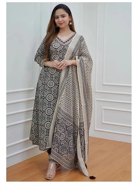 Black & Off White Floral Afghani Kurti With Pant & Dupatta Set