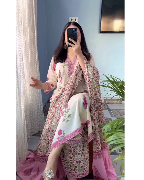 Pink Floral Printed Kurta Set with Matching Dupatta