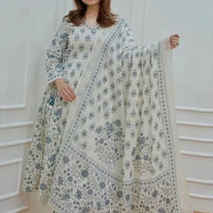 Blue White Cotton Afghani Kurti With Pant & Dupatta Set