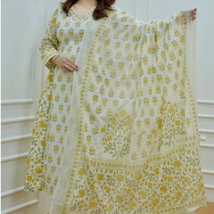Yellow Cotton Afghani Kurti With Pant & Dupatta Set
