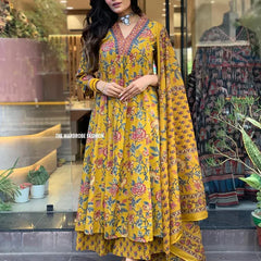 Women's Printed Cotton Anarkali Kurta & Pant With Dupatta Set Yellow