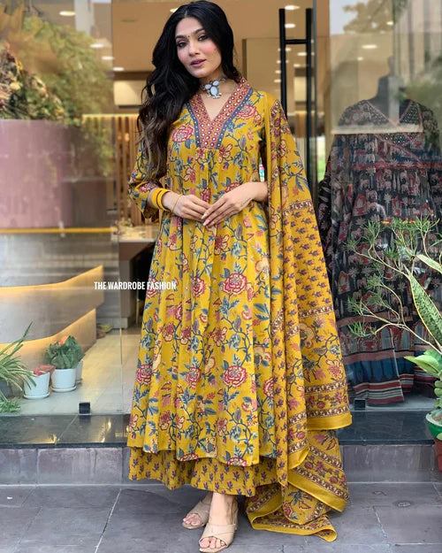 Women's Printed Cotton Anarkali Kurta & Pant With Dupatta Set Yellow